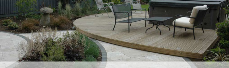 Deck, Hot tub, Travertine paving with granite setts